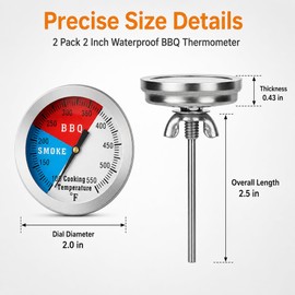 BBQ Smoker Thermometer, 2-Inch Dial Temperature Gauge with Fahrenheit and Heat Indicator, Stainless Steel Probe, 2-Pack, 550°F Range, Waterproof (2 Inch)