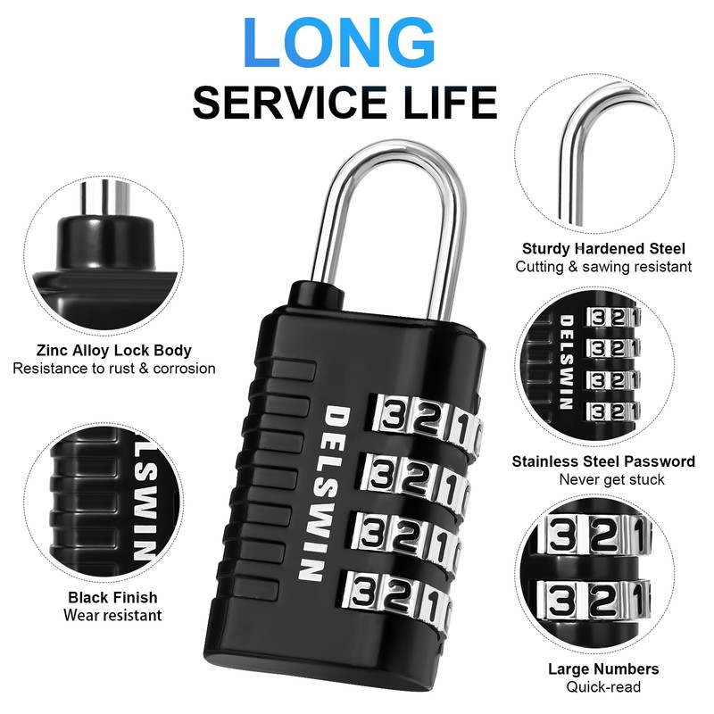 DELSWIN Combination Lock 4-Digit Small Padlock - 4Pcs Resettable Combo