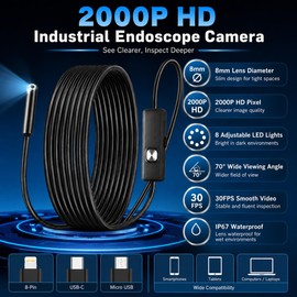 5m Endoscope Inspection Camera - 2MP HD Borescope Inspection Camera with 8 Adjustable LEDs, IP67 Waterproof, Semi-Rigid Snake InspectionCamera, Compatible for iOS and Android Smartphone (16.5 ft/5m)