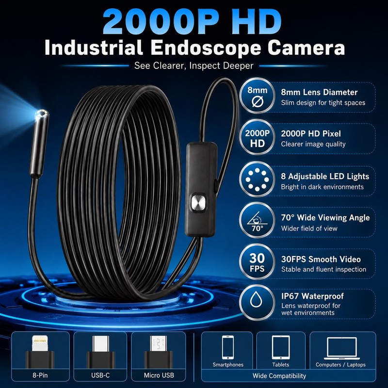 5m Endoscope Inspection Camera - 2MP HD Borescope Inspection Camera