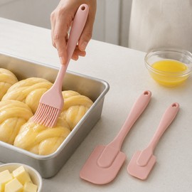 3-Piece Silicone Spatula Set for Baking and Basting - 2 Flexible Scrapers + Oil Brush for Kitchen and BBQ Use