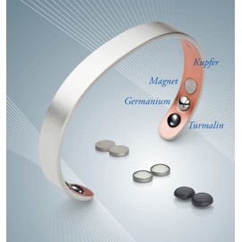 Lunavit Magnetic Copper Bracelet, Harmony Silver brushed, Slim, Made From Pure Copper, 2 Germanium Stones Ge32, 2 SmCo Magnets Each 2000 Gauss, XL
