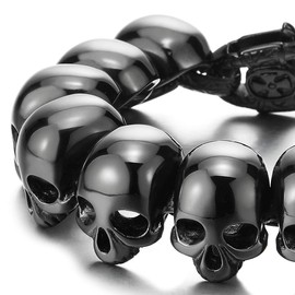 COOLSTEELANDBEYOND Mens Black Stainless Steel Large Skull Link Bracelet Biker Gothic Style Silver Color Polished