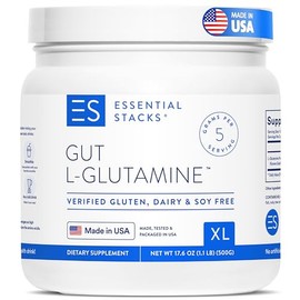 Essential Stacks- Gut L Glutamina en Polvo XL (500 Gramos) Hecho en USA, Sin OGM, Sin Gluten, Vegano, Sin Sabor (100                                  