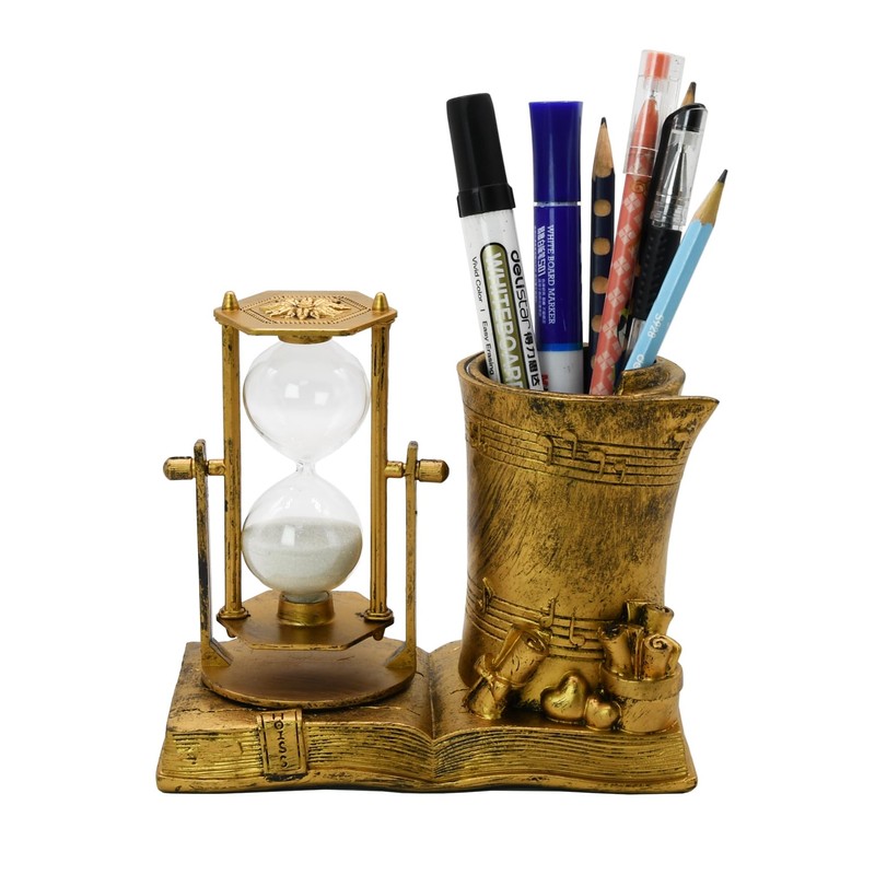 Music-Themed Pencil Holder with Hourglass, Resin Desktop Organizer for Office