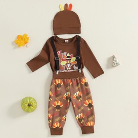 HKYFNNBW-Baby Boy Thanksgiving Outfit Letter Turkey Print Long Sleeve Rompers Suspender Pants Hat Set Baby Fall Clothes (Khaki, 6-12 Months)