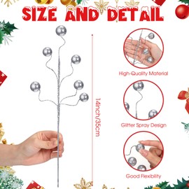 Hiboom 30 Pcs 14 Inch Silver Christmas Tree Picks and Spray Glitter Ball Curly Picks Large Artificial Berry Stems and Sticks for Christmas Tree Decor Holiday Vase Fillers Topper Ornaments