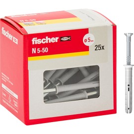 Fischer 508272 Langdübel N 5x50 Y Schlagbefestigung mit vormontiertem Nagel für Voll, Halb- und Beton, 25 Stück pro Packung, grau, 5X50 MM