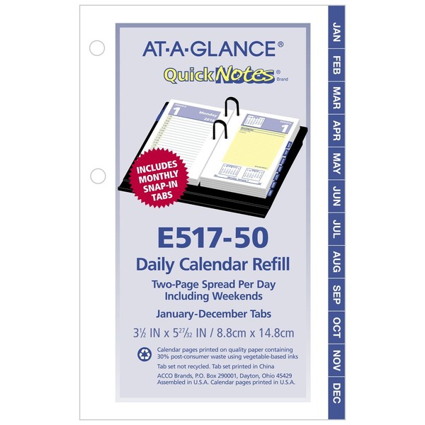 AT-A-GLANCE Daily Desk Calendar Refill, QuickNotes, January 2018 - December 2018, 3-1/2" x 6", Loose Leaf (E51750)