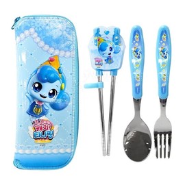 Teenieping Character Fork, Spoon, and Chopsticks Flatware Set with Case, Tableware, Training Chopsticks for Beginners with Silicone Rings (Shashaping)