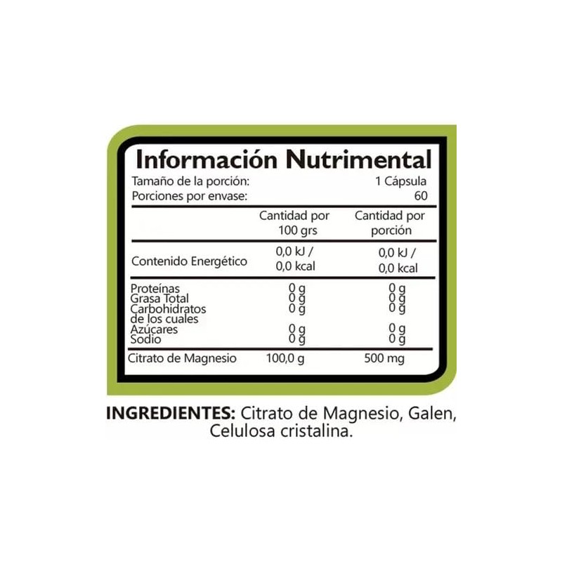 Natural Green – Citrato de Magnesio 500 mg, 60 Cápsulas
