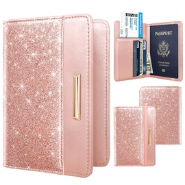 Passport Holder Cover Travel RFID Blocking Passport Cover Rose Gold Cute Flowers Passport Wallet with Elastic Band for Women, Glitter, Casual