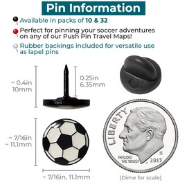 Sports Enthusiast Push Pins, for Cork Board, Maps, or Lapel Pin Use, Designed in The USA, Soccer, Set of 10