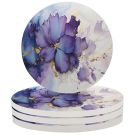 Marble Purple Flower Coasters Set of 4 Absorbent Coasters 4 Inch Round Ceramic Coasters for Drinks Coaster for Coffee Table Office Summer Outdoor Home Decor