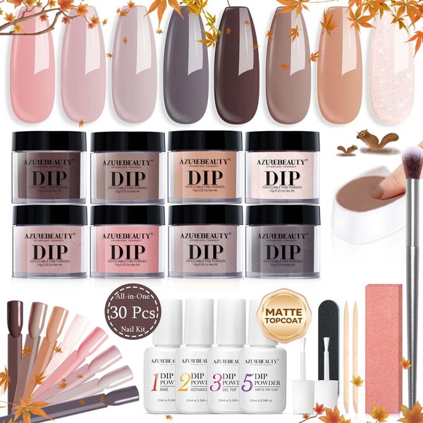 AZUREBEAUTY Dip Nails Powder Starter Kit, Nude Brown Skin Tones Pink Neutral 8 Colors Set with Nail Swatch Sticks, Nail Art Base Glossy/Matte Top Coat Activator Essential Liquid Manicure Salon 30 PCS