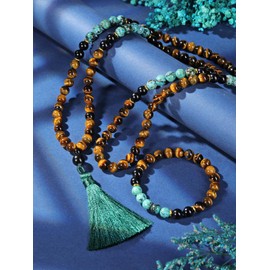 CrystalTears Prayer Beads Set Mala Chain 108 Beads with Tassel + 8 mm Beads Elastic Bracelet Bracelet Set of Tiger's Eye and African Turquoise Spiritual Jewellery, Pearl Pearl Turquoise