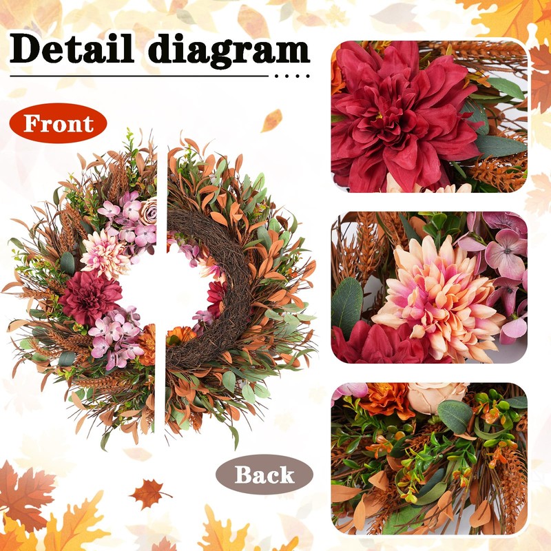 24 Inch Fall Wreath Pink Hydrangea Red Dahlia Wheat for