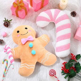 Yalikop 2 Pcs Christmas Gingerbread Man Cane Pillow Christmas Plush Throw Pillow Decorations Couch Sofa Decor Plush Stuffed for Home Winter Holiday Party Decoration (Pastel)