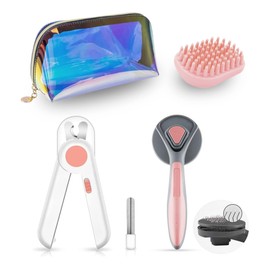 FIFIPETS 3 in 1 Pets Grooming Set, Nail Clippers with Nail File & LED Light, Self Cleaning Shedding Massage Comb, Massage Bath Brush and TPU Bag, for Medium and Small Dogs Cats (Pink Pack)