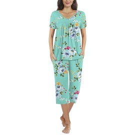 Aodemo Womens Summer Pleated Pajama Sets Short Sleeve Sleepwear Ladies Nightwear Capri Pants Pjs Lounge with Pockets 2XL, Mint Green