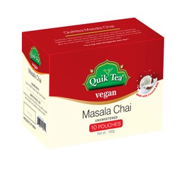 QuikTea Vegan Unsweetened Masala Instant Chai Tea Latte - 10 Count Single Box - Convenient, Easy Ayurvedic Dairy Free Alternative - All Natural Non GMO Superfood
