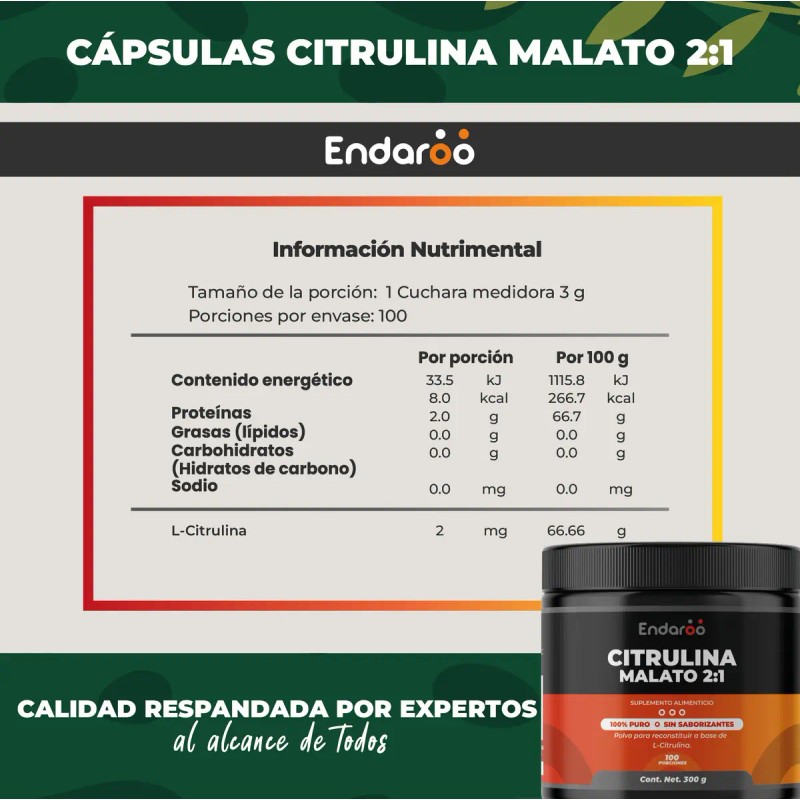 Citrulina Malato Endaroo Polvo 300 100 Pura Sabor Rendimiento Energía