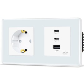 TAWOIA Schuko Socket with 65 W Type C and USB Quick Charging Interface for Mobile Phones, Tablets and Laptops, 1 Compartment Flush-Mounted with 2.5D Curved Glass Plate, Wall Sockets, White, 86 x 157