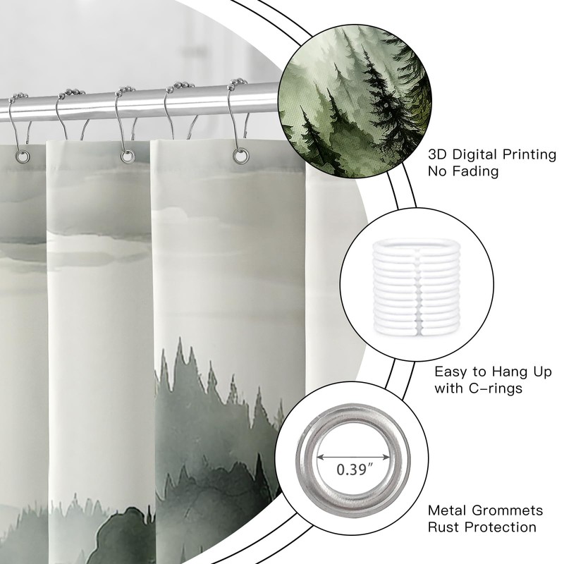 BayNook 4PCS Dark Green Misty Forest Bathroom Sets with Shower