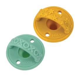 Nuby Nuby Sili Soother Baby Pacifiers with Soft Handle and Safety Air Holes - (2-Pack) - 0+ Months - Yellow Stars and Aqua
