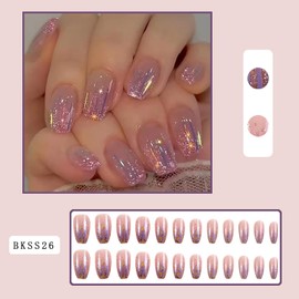 Short Press on Nails Square,RTKHFZE Glitter Fake Nails Glossy Nude False Nails Full Cover Acrylic Nails Almond Stick on Nails 24Pcs pressed nails ons for Women