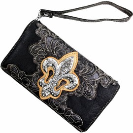 Justin West Western Fleur De Lis Rhinestone Laser Cut Glitter Conceal Carry Handbag Wallet (Black Wallet ONLY)