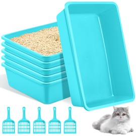Amyhill 5 Pcs Open Cat Litter Box Kitten Litter Pan with 5 Scooper Medium Plastic Pet Tray Durable Nonstick Kitten Box for Indoor Pets Cats Rabbit Supply Easy to Clean, 14.6x10.6x3.4 Inch (Blue)