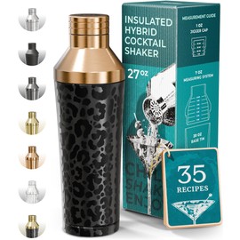 Insulated Cocktail Shaker Set | Double Wall Stainless Steel | Martini Shaker for Home Bar Bartending | Built-in Drink Measurement System & Strainer, Travel Bag, 35 Recipes | Gift Set (Leopard Copper)