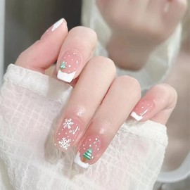 24Pcs Christmas Press on Nails Short White French Tip Fake Nails Square Shaped Snowflake Xmas Trees Designs Nude Pink False Nails Stick on Nails for Women Acrylic DIY Winter Holiday Nail Decorations