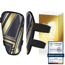 Children's Football Shin Pads - Test Angel Certified Shin Pads for Football with 2 Adjustable Velcro Fasteners, Black Gold Shin Pads Football with Skin-Friendly Velvet Cloth