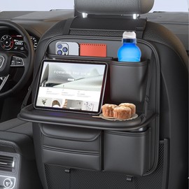 GuangMaii Car Back Seat Organizer Leather, Car Seat Back Protectors Kick Mats Travel with Foldable Food Tray and 7 Big Waterproof Storage Pockets, Inner Caraccessories for Most Vehicles, Black
