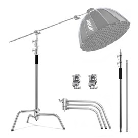 C Stands with Boom Arm Stainless Steel C Light Stand Heavy Duty, Max Height 10.5ft/320cm, with 4.2ft/128cm Holding Arm, for Photography Studio, Reflector, Umbrella, Softbox