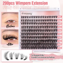 Eyelash Extensions Set, Artificial Eyelashes, Natural DIY Eyelash Extension Cluster Eyelashes, 16 mm, Individual Lashes Kit, 40D Mink Eyelashes, Fluffy with Lash Bond and Seal Lash Tweezers Lvmixwig