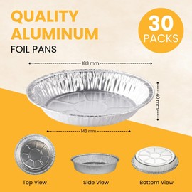 Homeshopa Aluminum Foil Pie Pan, 30 Pack Disposable Round Foil Flan Trays, Durable Air Fryer Baking Dishes for Pie, Fruit Tarts, Quiche, Food Storage Takeaway, Oven & Freezer Safe