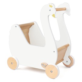 Pillowhale Wooden Doll Stroller, Baby Pram Toy, Wooden Swan Baby Walker for Toddler Boys & Girls 18 Months and Up
