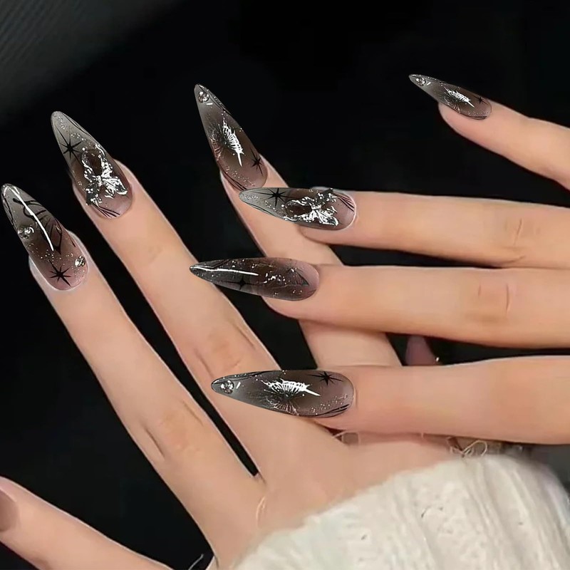 Ruzister 24 Pieces Push On Almond Nails Shiny False Nails