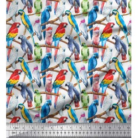 Soimoi White Cotton Canvas Fabric Branch & Colorful Parrot Bird Print Fabric by the metre 56 Inch Wide