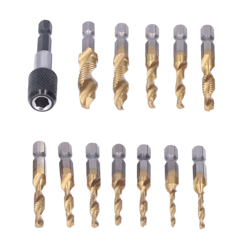 13Pcs/Set Combination Drill Tap High Speed Steel Titanium Plated Hex