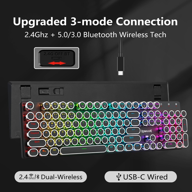 Redragon Wireless Mechanical Gaming Keyboard, Bluetooth/2.4Ghz/Wired Tri-Mode Connection, Metal Panel,