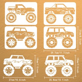 FINGERINSPIRE Pack of 4 Monster Truck Stencils for Painting, 21 x 29.7 cm, Reusable, Raised Large Tyre Painting Stencil, PET Large Wheel Stencil, Skull Pattern Stencil, Vehicle Theme Template