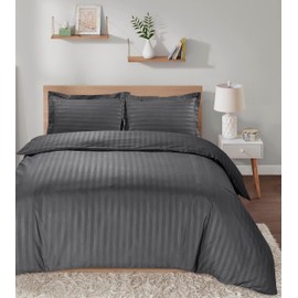 Casabella Satin Stripe Duvet Cover Sets, Luxurious Single Grey Bedding with Satin Stripes,Single Duvet Cover Set,Hotel Quality Single Duvet Set & Pillowcases,Grey Satin Stripe Single Bedding Sets