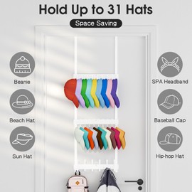 Aimeaihe 3 Tier Over Door Hat Rack - Baseball Cap Wall Mounted Hat Organizer, Hat Holder with 18 Hooks and 10 Movable Clips, Hat Storage Holds up to 30 Caps for Door, Bedroom, Closet (White)
