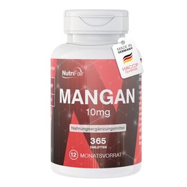 Manganese 10mg - 365 Tablets - Trace Element for Connective Tissue & Bones - High Dose - 100% Vegan - German Production & Laboratory Test - NutriFair | Premium & Fair