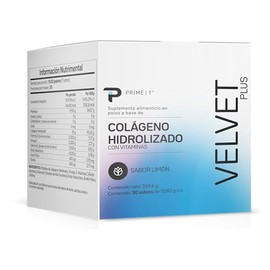 Primetech Colgeno Hidrolizado Puro para fortalecer la piel, cabello y uas con vitaminas y minerales 30 porciones de 10.82 gramos VELVET PLUS          