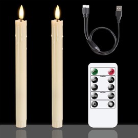 Zevanor Rechargeable Flameless Battery Operated Timer Remote Taper Candles, 2pcs 0.86" x10" LED Flickering Dripping Wax Window Tall Fake Ivory Plastic Candlesticks(USB Charging Cable Included)